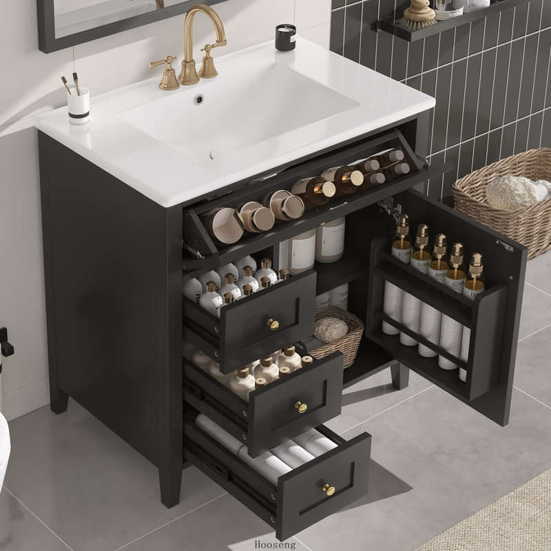 Meuble-lavabo autoportant de 30 po avec comptoir d'évier, panneau de fibres à densité moyenne et bois d'hévéa avec 3 tiroirs et tablette réglable, noir