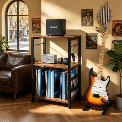 Record Player Stand with LED Light and Charging Station, Vinyl Storage