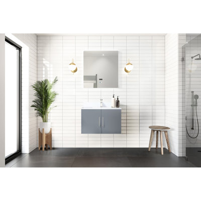 Meuble-lavabo gris foncé en marbre de culture Miroir à DEL - Teinture, espace de rangement généreux, surface de salle de bain à fermeture en douceur et rayures, espace de rangement généreux