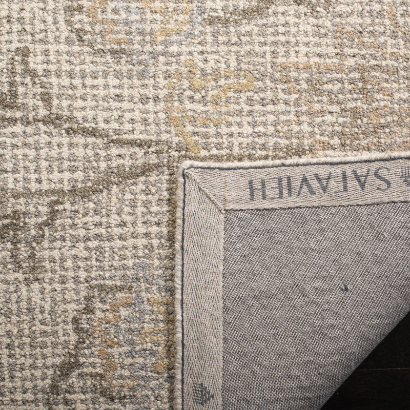 Tapis gris clair / ivoire en laine touffeté à la main à motif floral Sulema, Carré 6 pi