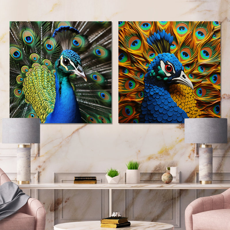 Blue Majestic Peacock Splendor I - Ensemble de 2 décorations murales paon, Toile tendue, H 16 po x l 33 po x P 1 po