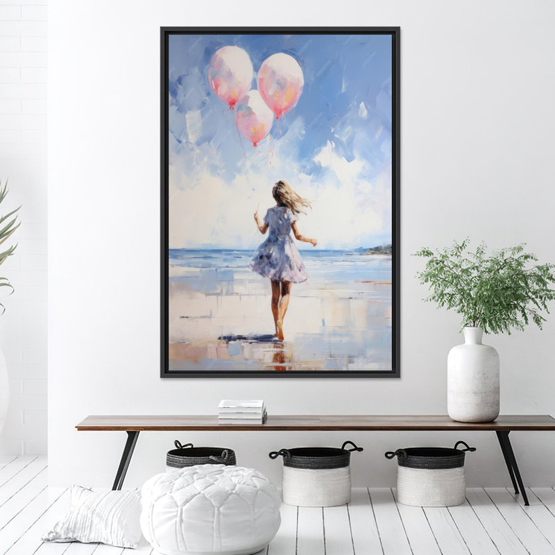 "Blue Beach", reproduction d'art sur toile, fille avec des ballons, toile noire encadrée 1P, 31,6 po H x 23,7 po l