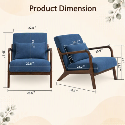 Chaise d'appoint Mid-Century moderne avec structure en bois, chaises de salon rembourrées avec coussin de taille, fauteuil de lecture pour véranda de chambre à coucher