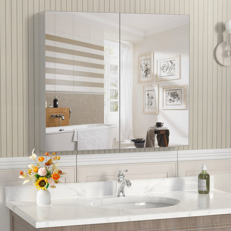 Armoire à pharmacie 32 po x 28 po avec miroir pour salle de bain, miroir de salle de bain mural avec rangement, tablettes réglables, cadre en aluminium, fixation en surface
