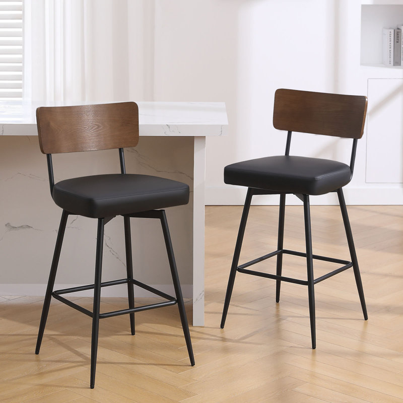 Black Swivel Bar Stools with Wood Back and Metal Legs