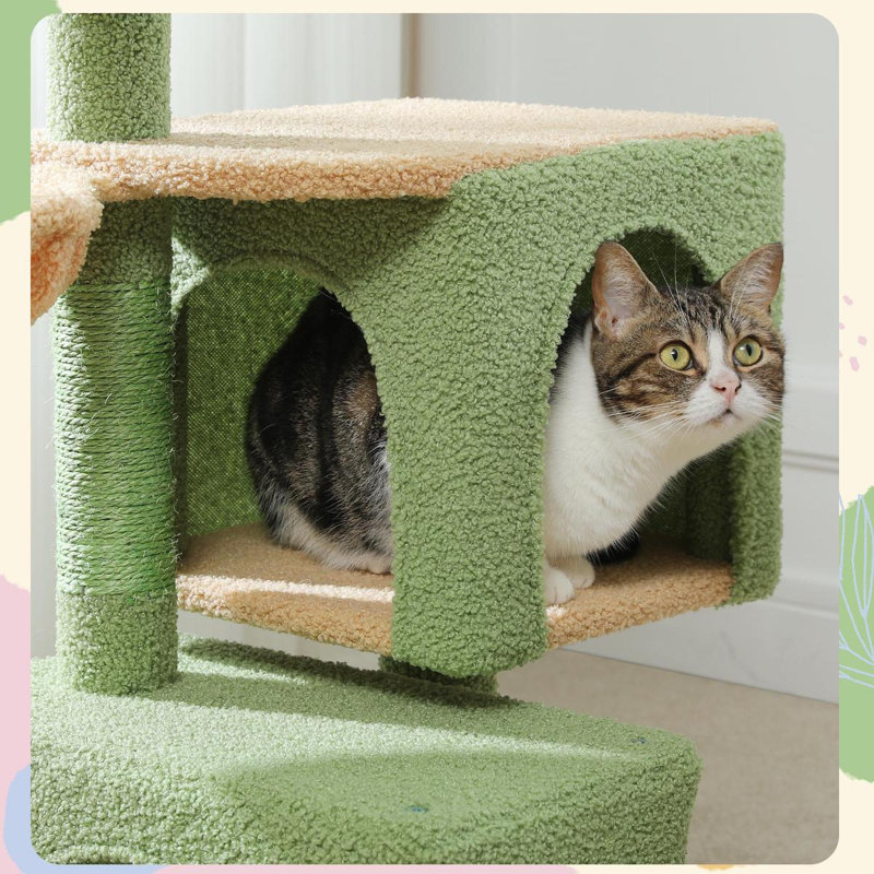 Indoor cat tree with scratching post, 2 large apartments, and deep hammock