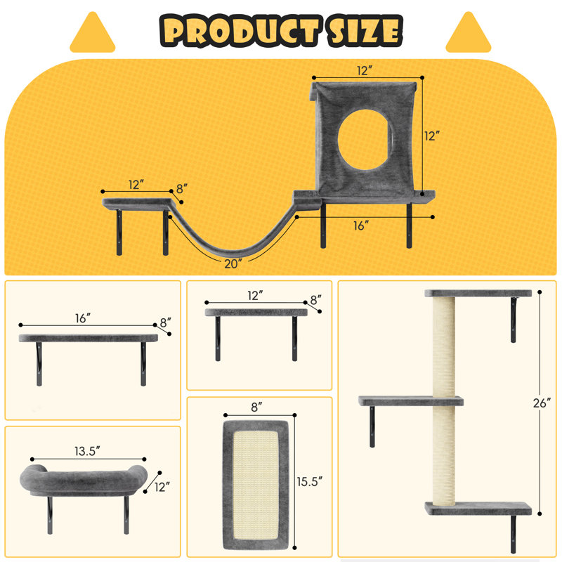 Ensemble d'escalade mural pour chat avec perchoir flottant, pont, maison de chaton, aire de jeu de bricolage, Gris