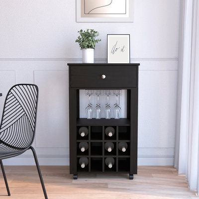 Barre noire de 39 po - Chariot à café, rangement pour armoires de cuisine ou de salon, avec 12 porte-bouteilles, une tablette centrale avec 1 porte-gobelets, 1 tiroir idéal pour ranger de petites choses