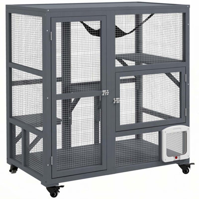 Pawhut Cat House, Indoor Cat Enclosure On Wheels, Wooden Kitty Cage With Cat Flap Door, Platforms Hammock & Openable Top For 2 Cats, 39"