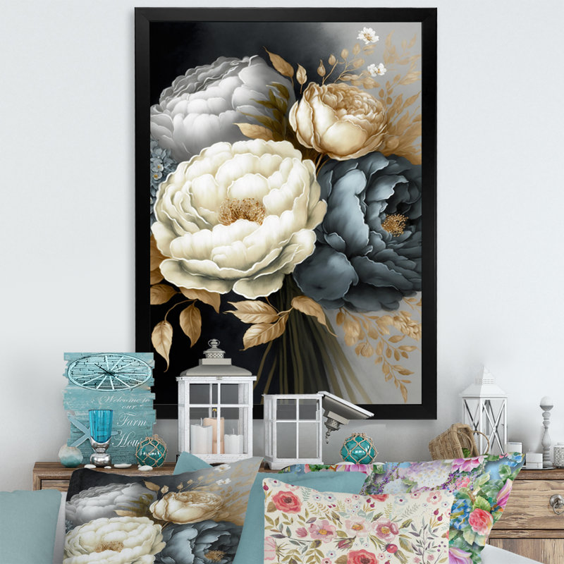 Bouquet de pivoines blanches, bleues et grises III - Impression sur toile, Cadre photo noir, H 44 po x l 34 po x P 1,5 po