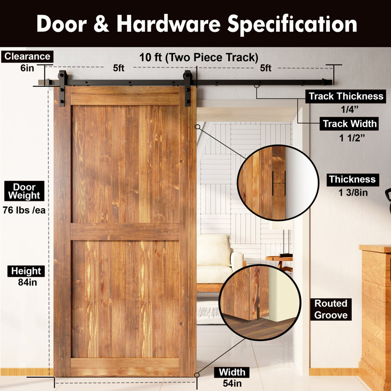 Porte en bois de pin massif non assemblé avec design H rustique noir H Design, Au début de l'Amérique, 54 po x 84 po