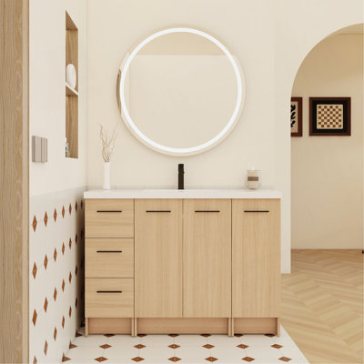 Meuble-lavabo autoportant modulaire 48 po avec comptoir en résine 48 po, chêne clair, armoire 3 pièces (2 portes 24 po + 3 tiroirs 12 po + 1 porte 12 po), armoire KD, avec poignées en aluminium noir et brossé
