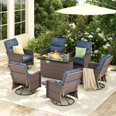 Ensemble de conversation avec chaise berçante pivotante à dossier réglable pour 6 personnes avec table de foyer et coussins Cassandre