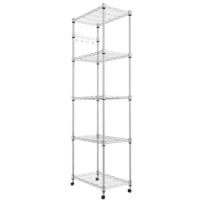 Reasor 5 Shelves Shelving Unit with Wheels, Leveling Feet, Side Hooks, Silver