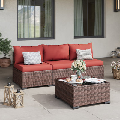 3-Person Outdoor Wicker Conversation Set with Cushions and Coffee Table