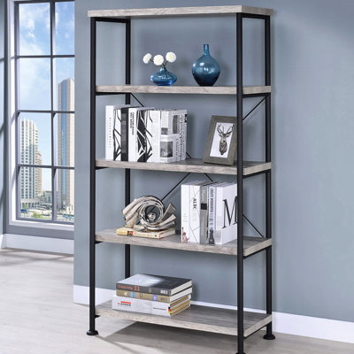 4-Shelf Bookcase With Grey Driftwood And Black Finish, Open Design For Easy Book Display, Construction Back, Ample Space Books Decor