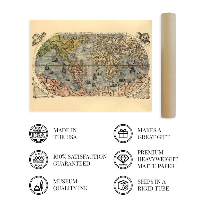 1565 World Map, affiche sur papier, H 24 po x l 36 po