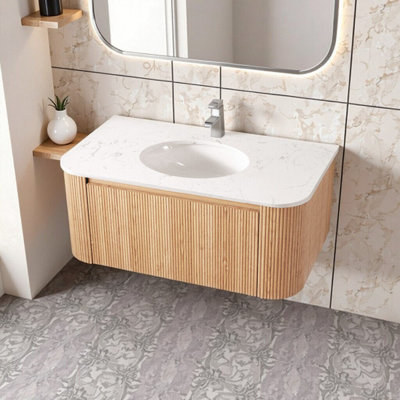 Meuble-lavabo flottant - conception moderne incurvée avec comptoir en marbre de culture, tiroir à fermeture en douceur et rangement spacieux