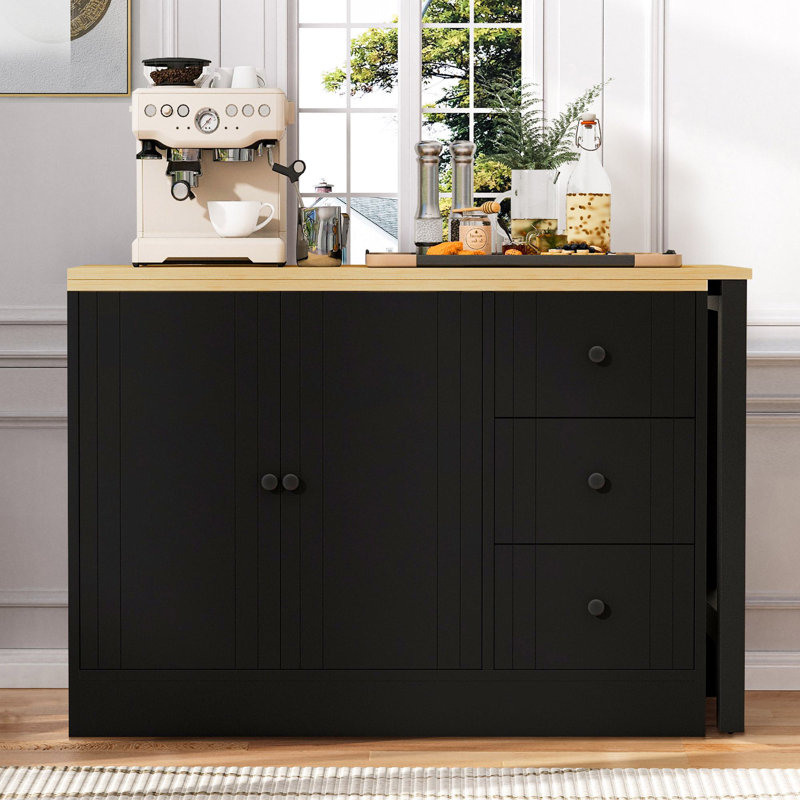 Îlot de cuisine en bois 89,7 po avec table extensible, Naturel/noir