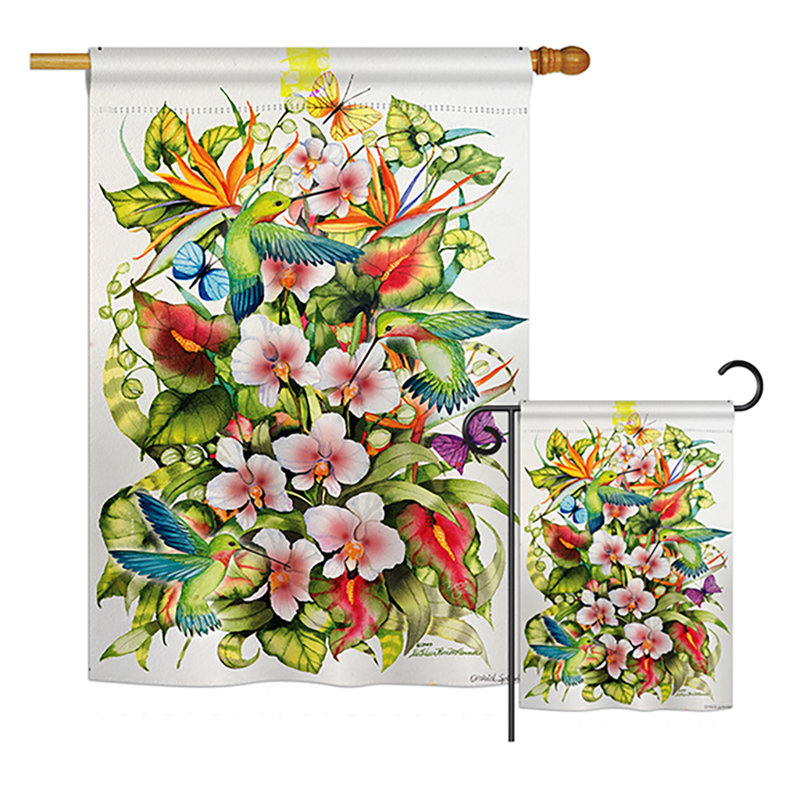 Splendor orchidées avec oiseaux de jardin, amis de jardin 2 côtés 40 x 28 po ensemble de drapeau