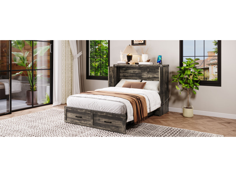 Rovik Elegant Murphy Bed With Charging Station And Large Storage Drawer, Gray, Full