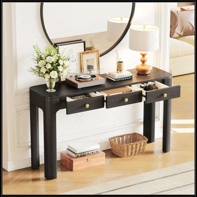 Console rustique avec coins arrondis pour la sécurité, table d'entrée avec 3 tiroirs dissimulés, table de canapé robuste avec des pieds épais pour le couloir et le salon (noir)