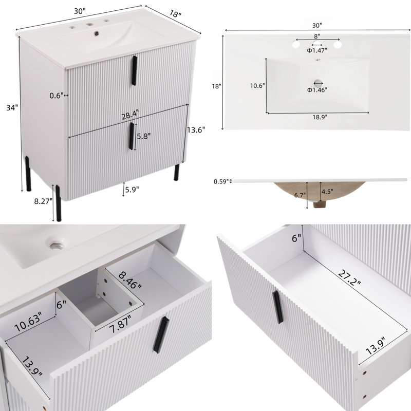 Meuble-lavabo de 30 po avec lavabo en céramique et tiroirs pleine extension, glissières de tiroir encastrées à fermeture en douceur, conception cannelée, blanc