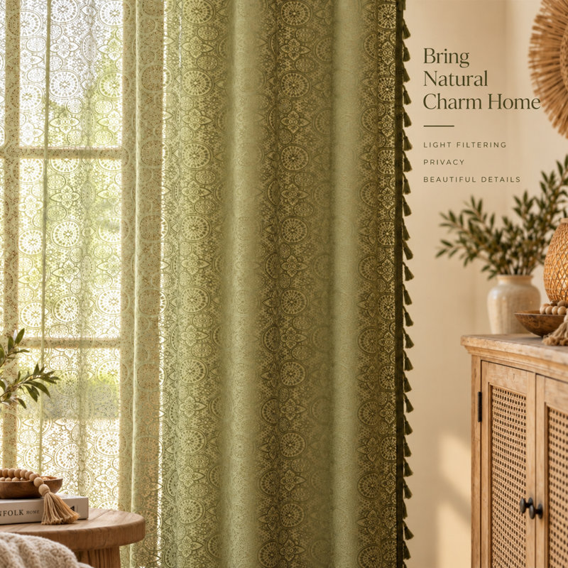 Rideaux de fenêtre Boho, Sage Green, 53" W x 84" L