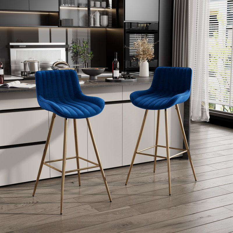 Set of Bar Stools, Velvet Fabric Counter Stool, Blue, 2, Bar Stool (29.92" Seat Height)