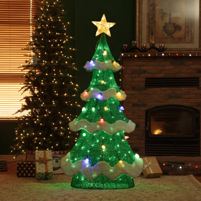 74.50"H Lighted 3D Mesh Christmas Tree With Colorful Bulbs And 261 Green LED Lights (KD)