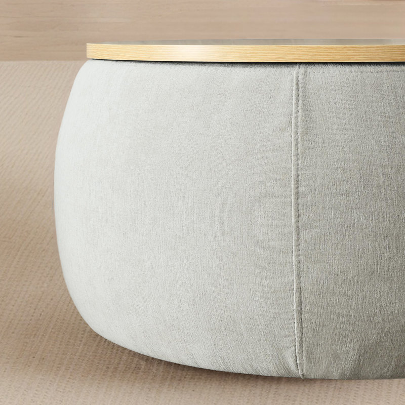 Round Storage Ottoman, 2 In 1 Function, Work As End Table And Ottoman,with Small Seat, Natural, Gray