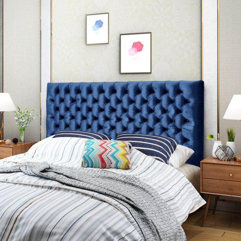 Grande tête de lit contemporaine en velours bleu marine, pieds réglables, revêtement en point de diamant à boutons, magnifique tête de lit en velours, style moderne,