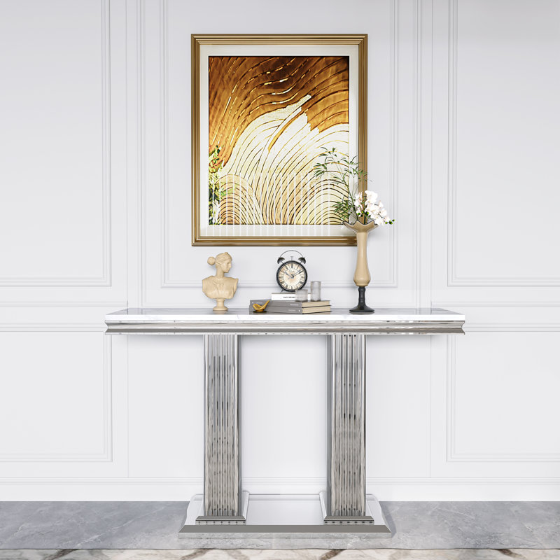 Rectangular Faux Marble Top Stainless Steel Base Console Table, Silver, White