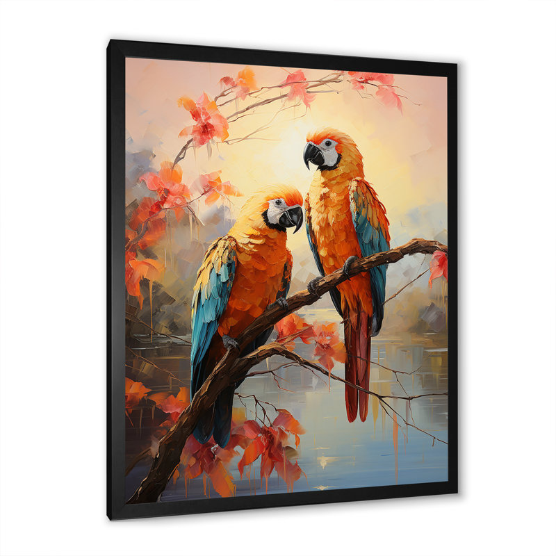 Perroquets coucher de soleil sérénade sur toile, Cadre photo noir simple, H 20 po x l 12 po x P 1 po