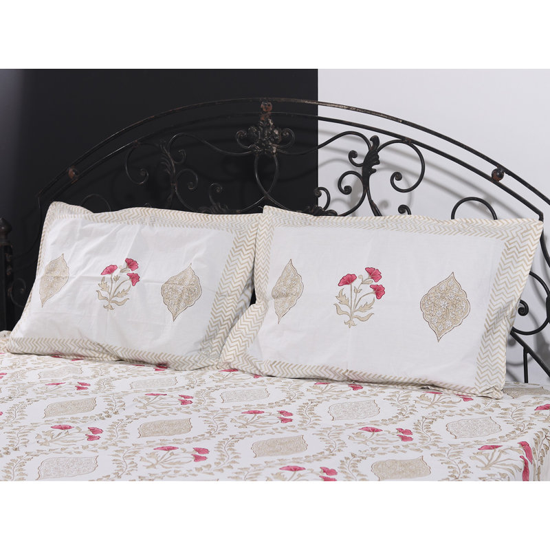 Ivory Jaipuri Handblock Print Cotton Queen Bedsheet Set – Mughal Tile Floral, 96" x 104", 2 Pillow Covers, Breathable Artisan Bedding