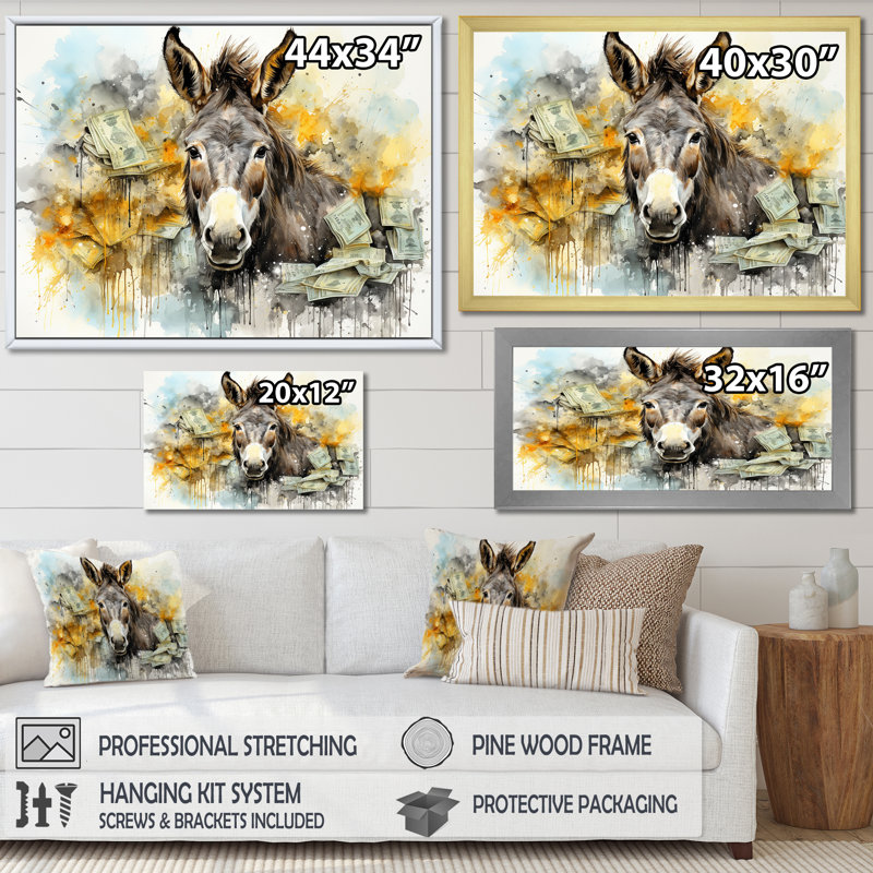 «Yellow Donkey Absurdity II - Donkey», art mural, Cadre de coin fermé argenté, H 30 po x l 40 po x P 1,5 po