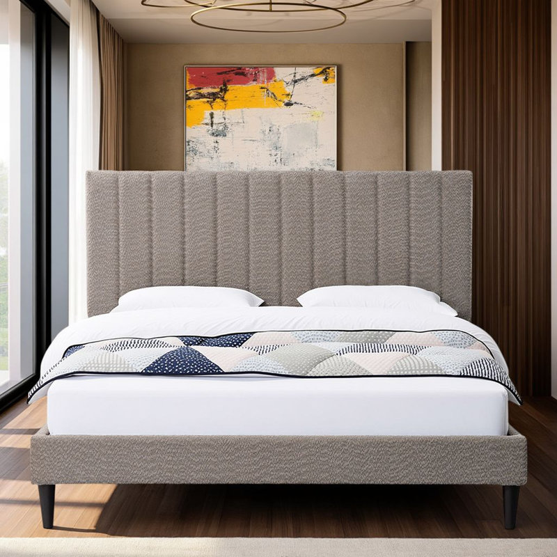Contemporary Design Tufted Upholstered Platform Bed with Boucle Fabric Headboard, Noise Reduction, Cream White, Grey