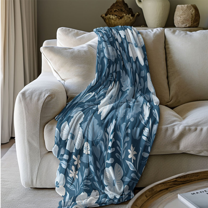 Tranquil Blue Florals - Couverture sherpa de qualité supérieure 1 pièce, Lit simple
