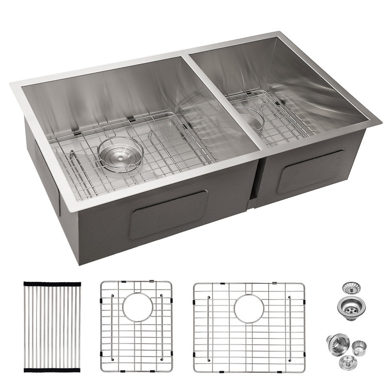 Évier de cuisine à double cuve encastrable en acier inoxydable 32/18 de calibre 16 (60/40) avec évier profond de 9 pouces