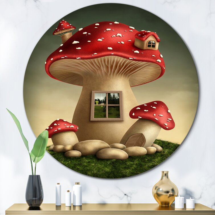 Mushroom Forest House Fantasy Botanical & Floral Painting Metallic Gold  Framed Art Print Wall Art