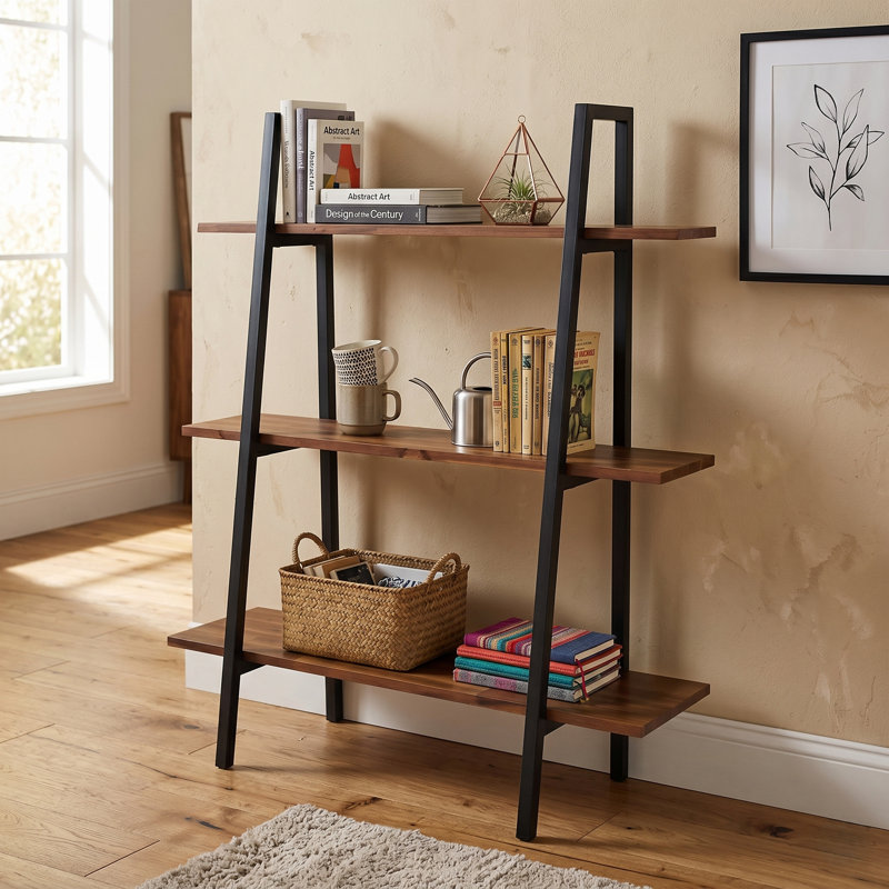Solid Acacia Wood Ladder Bookshelf - 3-Tier Industrial Leaning Bookcase with Metal Frame - Easy Assembly Cherry Brown