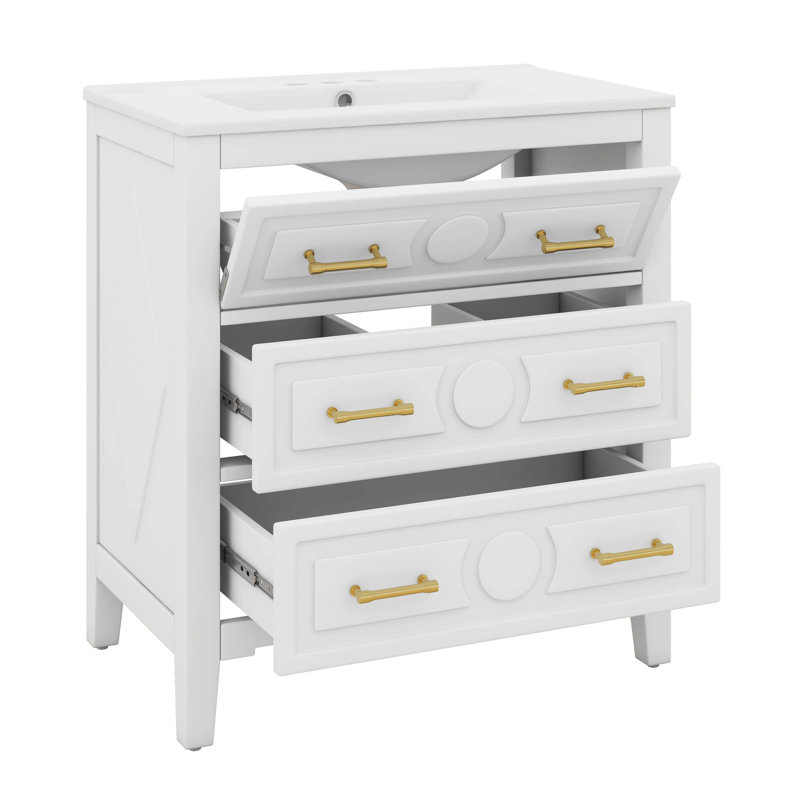 Ensemble de meuble-lavabo, ensemble de meuble-lavabo avec lavabo en céramique 30 po, armoire de rangement à cadre en bois massif, ensemble simple avec 3 tiroirs