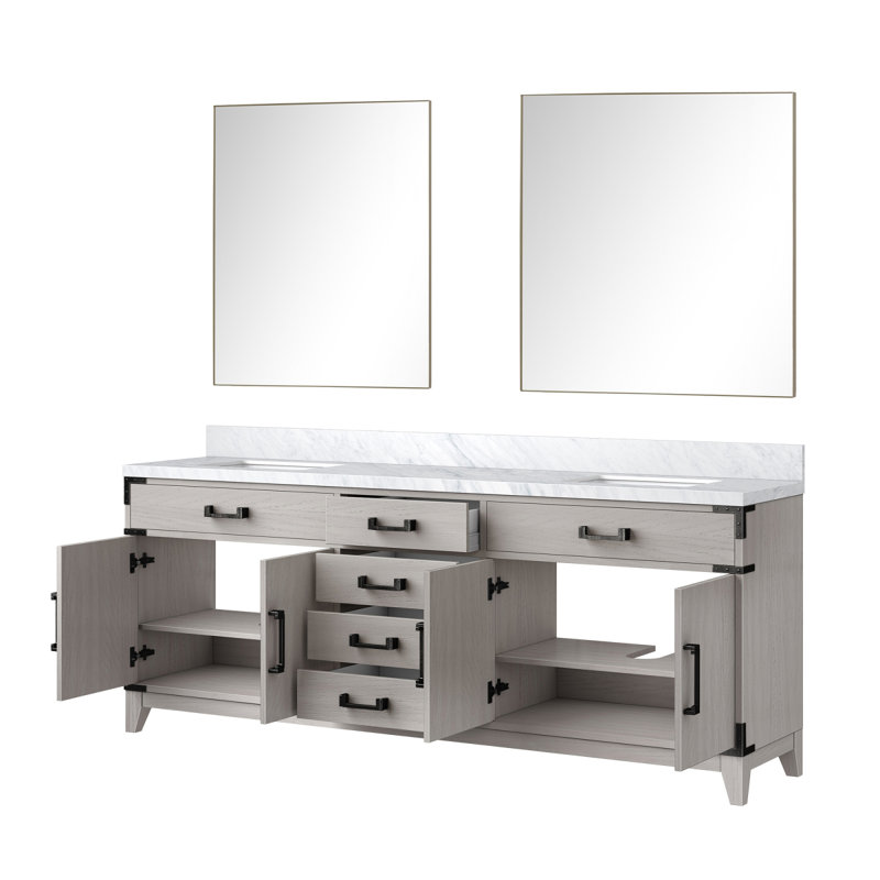 White Oak Double Bath Vanity 80 in. W x 22 in. D, Carrara Marble Top, and 36 in. Mirrors
