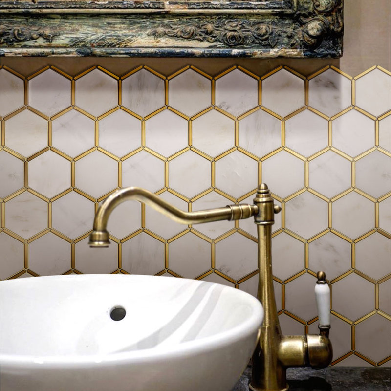 Natural Bianco 3" x 3" Marble Honeycomb Mosaic Wall Tile, White/Gold