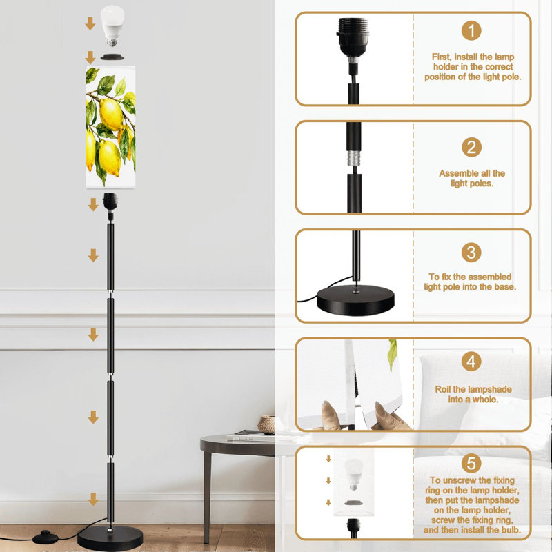 Lampe sur pied branche verte feuilles de citron nature botanical collection Lampe sur pied à intensité variable avec télécommande interrupteur au pied avec abat-jour Lampe de coin haute pour bureau de chambre à coucher