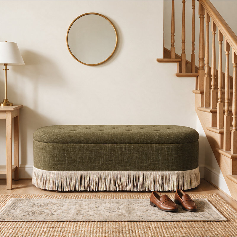Banc de rangement en lin capitonné de 118 cm avec bordure à franges, Vert