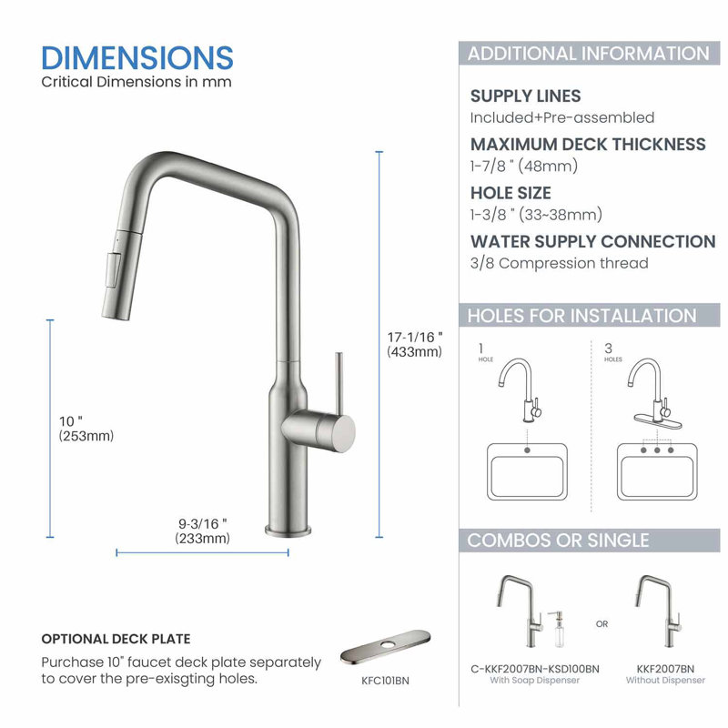 Robinet de cuisine à poignée simple avec accessoires Macon, Nickel brossé, Sans distributeur de savon