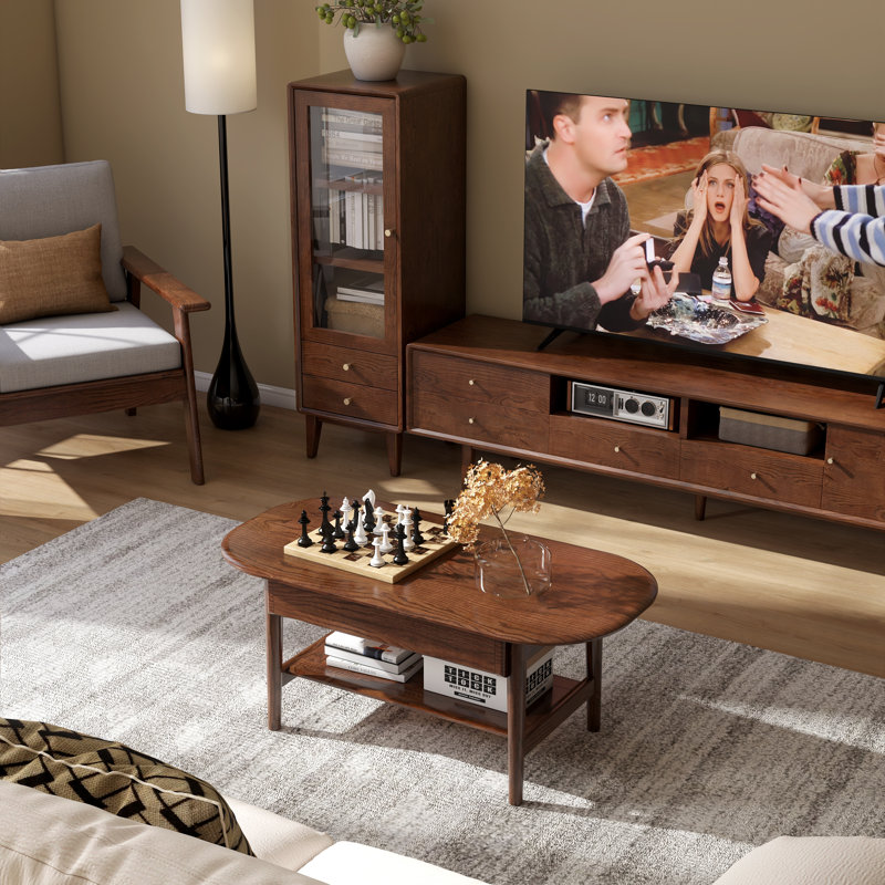 39"W Solid Oak Mid-Century Modern Coffee Table with Drawer and Storage Shelf, 16.54" H x 39.37" L x 19.69" W, Brown Oak