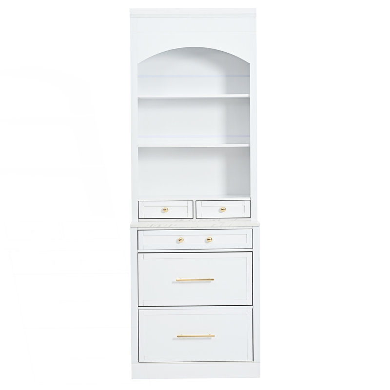 Buffet décoratif, garde-manger haut moderne, grande huche de cuisine autoportante avec plateau en faux marbre, Blanc