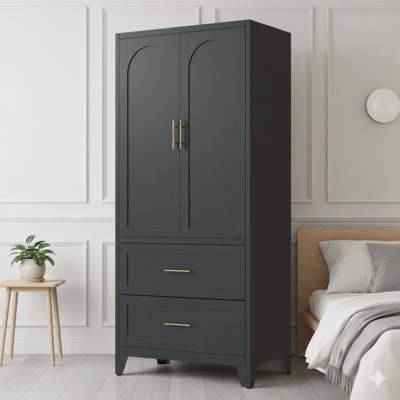 Armoire de rangement pour vêtements de 71 po de hauteur avec 2 compartiments de rangement et tringle à vêtements, armoire à vêtements à deux panneaux avec tablette pour les espaces de couchage, espace de travail, buanderie, entrée, réception et logement auxiliaire (finition noire)